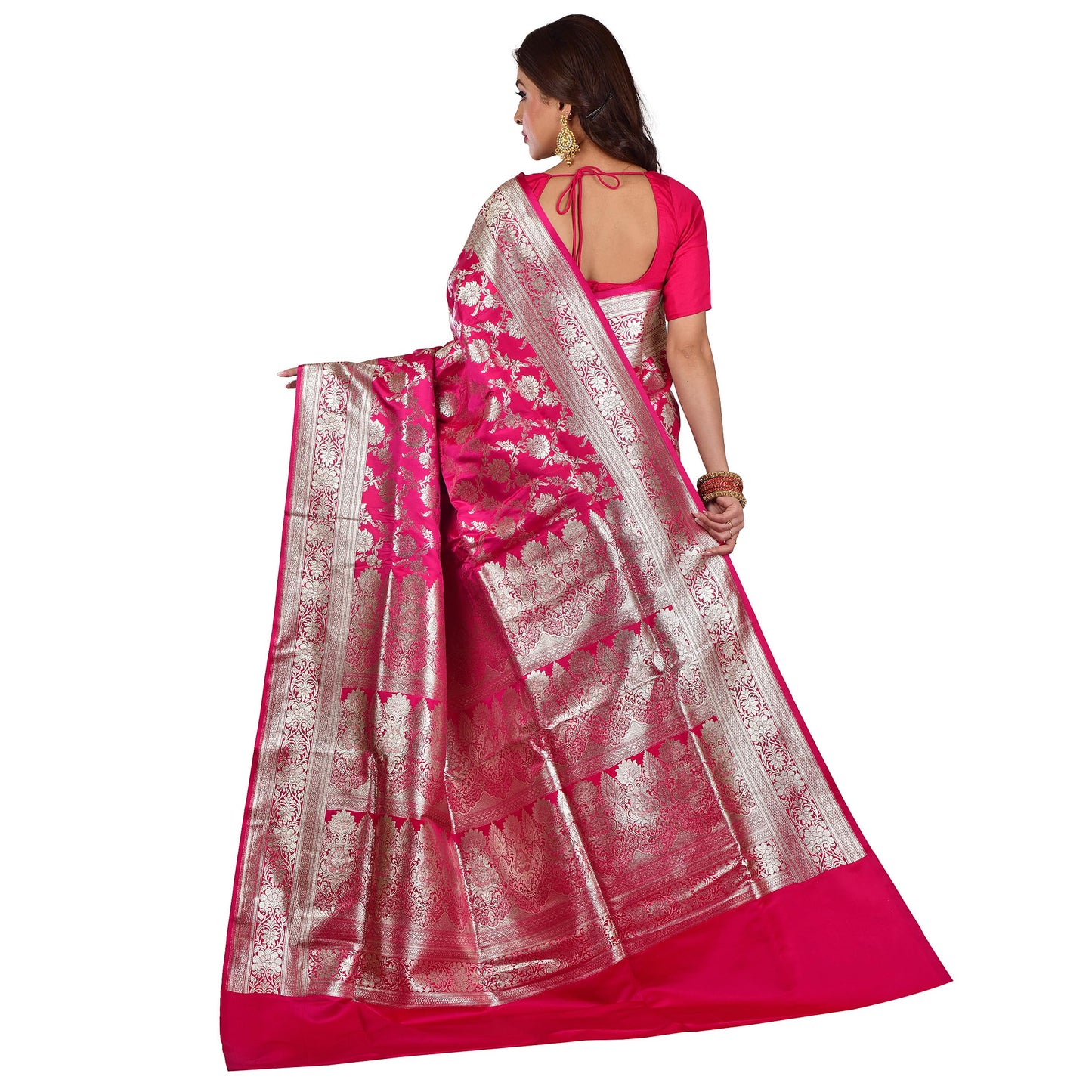Aishani Collection Woven Pure Katan Silk Banarasi Wedding Traditional Saree for Women with bp (Multicolor) (Dark Pink3)