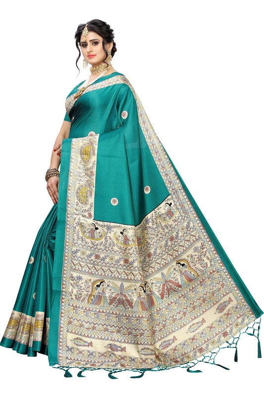 Orchid Brand Women's Cotton Patola Printed Saree with Unstitched Blouse Piece, GREEN